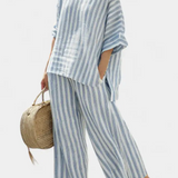 Federica | Conjunto de Top de Lino a Rayas Azules y Pantalón