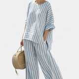 Federica | Conjunto de Top de Lino a Rayas Azules y Pantalón