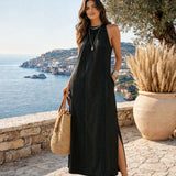 Jimena | Vestido midi de lino con cuello mao