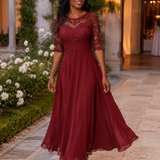 Noelia | Vestido largo de encaje y muselina con corte trapecio elegante