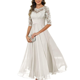 Noelia | Vestido largo de encaje y muselina con corte trapecio elegante
