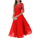 Noelia | Vestido largo de encaje y muselina con corte trapecio elegante
