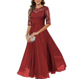 Noelia | Vestido largo de encaje y muselina con corte trapecio elegante