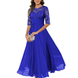 Noelia | Vestido largo de encaje y muselina con corte trapecio elegante